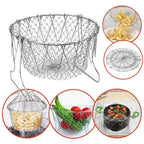 Stainless Steel Multi-Functional Foldable Chef Basket – Deluxe Kitchen Colander, Mesh Steam, Rinse, Strain & Fry Basket