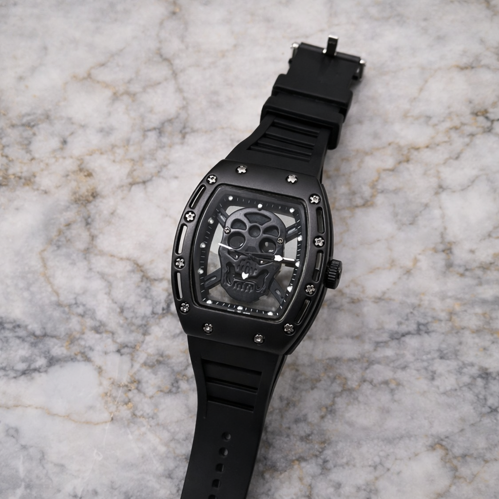 Skull Skeleton Matte Sport Watch – Luxury Metal Tonneau Style Wristwatch with Silicone Strap