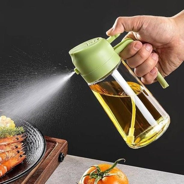 2-in-1 Oil Spray Bottle | Adjustable Mist & Dispenser | 470ml Leak-Proof Glass Container | For Cooking, BBQ, Baking & Air Fryer 470ml (Random Color)