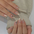 Pack of 12 - Cat Eye Nails Luminous Magnetic Effect Soft Nude Champagne Gold Almond Nails With Shimmer Polka Dots And Fine Bow Line Art (Random Design)