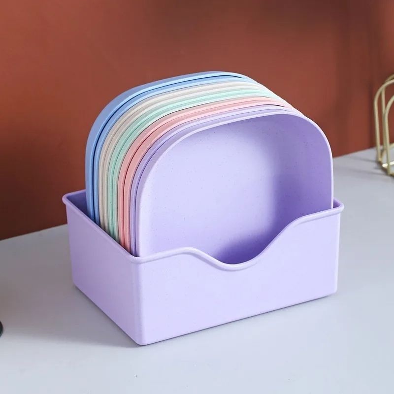 Plate Set Pack of 10 – Plastic Split Bone Dish Plates with Holder | Durable Serving Plates (Random Colors)