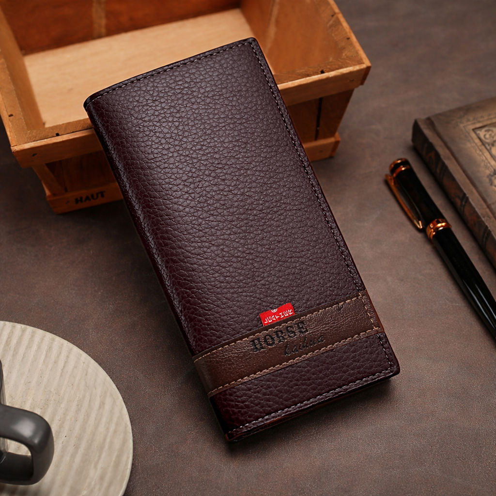 Long Wallet Purse – Contrast Band Design with Card Slots & Zipper Pocket