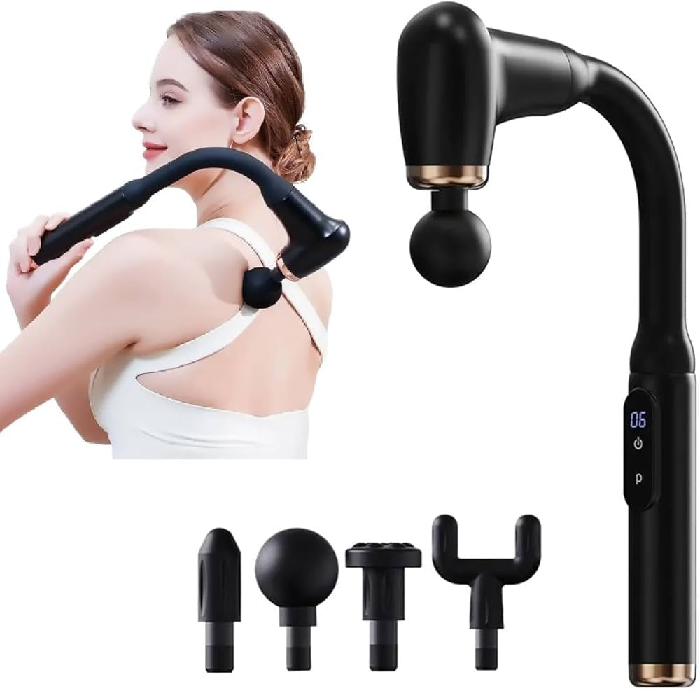 Long-Handle Fascial Gun Massager – Ergonomic Percussion Massage Tool with 4 Interchangeable Heads – Rechargeable Full Body Muscle Relaxer