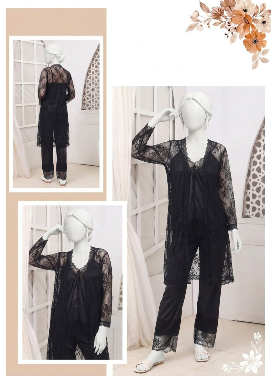 3 Pcs Premium Silk & Net Black Lace Women's Sleepwear Set Top Trouser & Gown (Size free)
