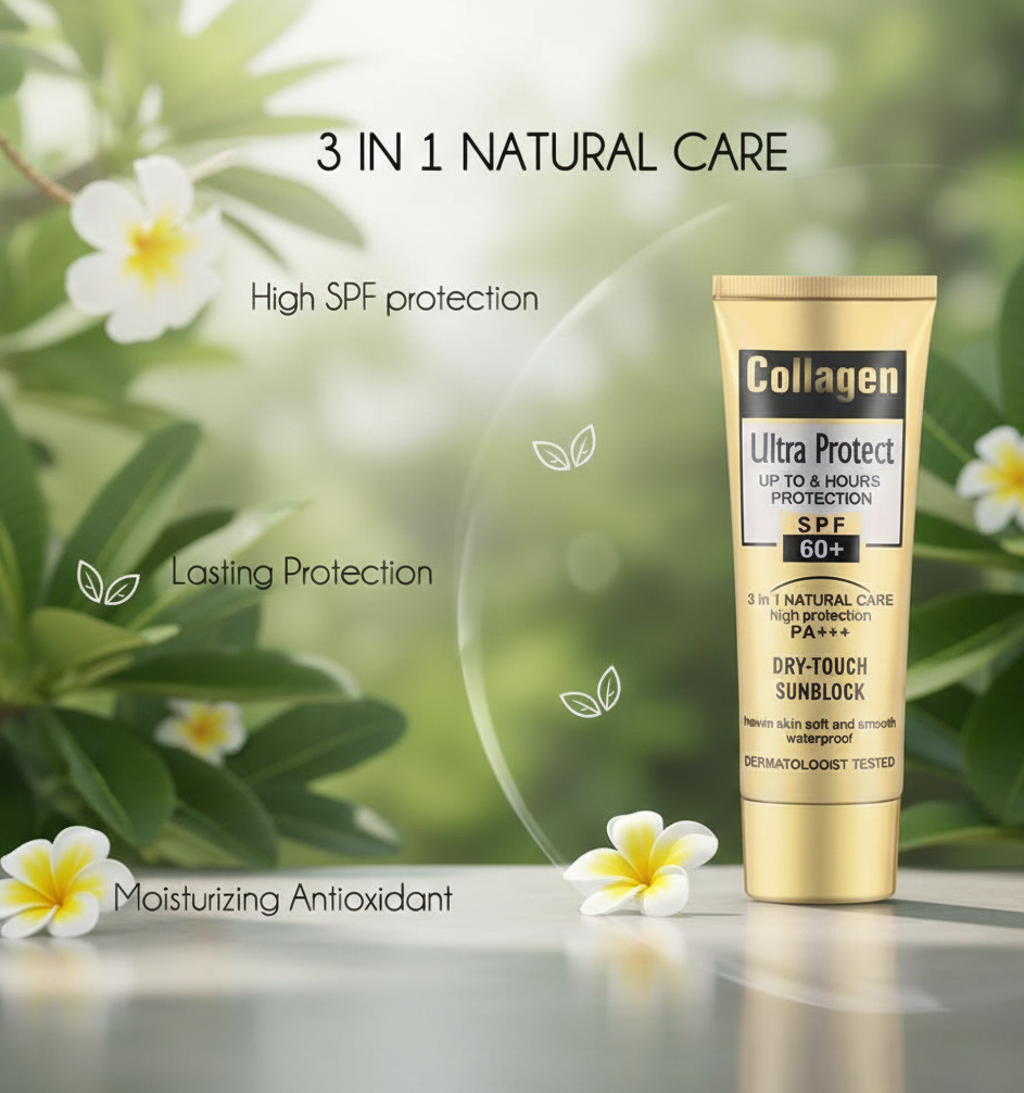 Collagen Ultra Protect Sunblock: High SPF 60+ PA+++, 3-in-1 Natural Care for Lasting, Moisturizing, and Waterproof Protection