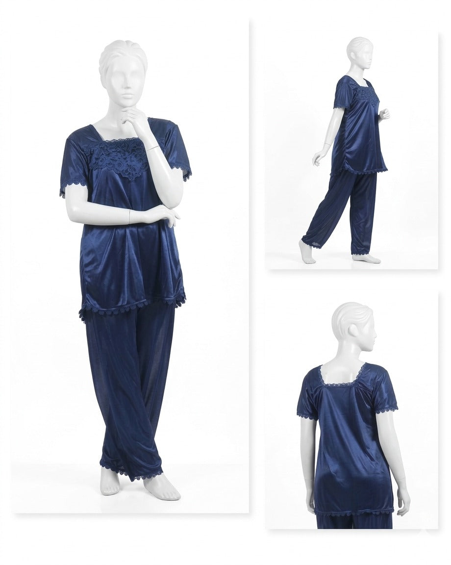 2 Pcs Premium Silk Lace Women's Sleepwear Set T-Shirt & Trouser Nightwear (Free Size)