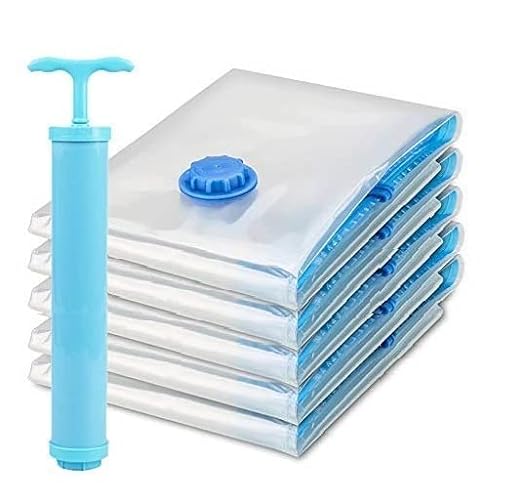 Vacuum Storage Bags Set (5 Bags + 1 Hand Pump) – Reusable Space Saver Compression Bags for Clothes, Bedding & Travel