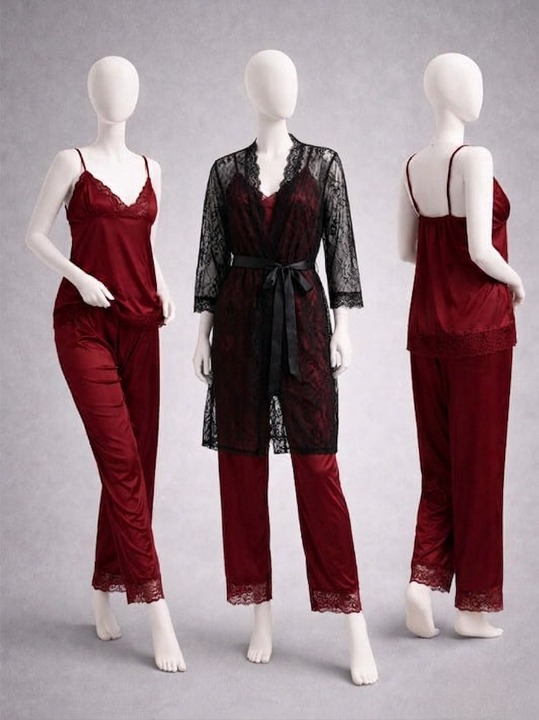 Elegant 3-Piece Women's Nightwear Set – Silk Cami, Pyjamas & Lace Robe (Free Size)