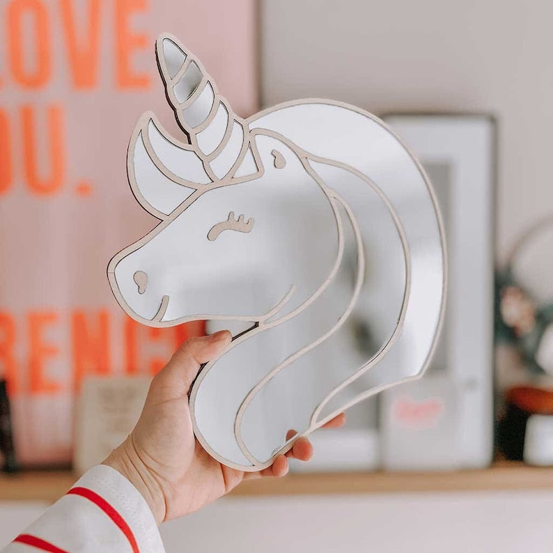 Acrylic Mirror Unicorn Wall Decoration – Shatterproof Silver Mirror & Wood 3D Wall Art Sticker Decal for Kids Room (25 x 29)