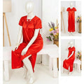 1 Pc Silk Satin Bow Tie Maxi Night Dress – Elegant Short Sleeve Women Nighty Free Size SKU-R130