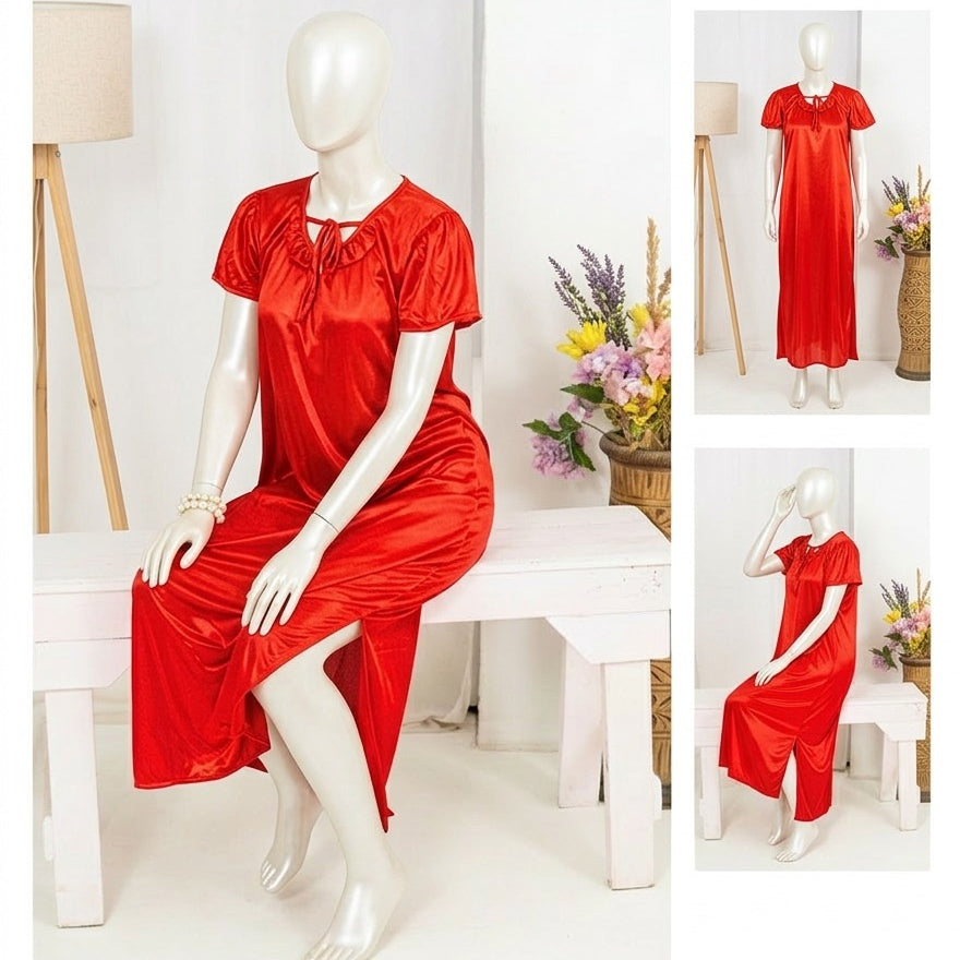 1 Pc Silk Satin Bow Tie Maxi Night Dress – Elegant Short Sleeve Women Nighty Free Size SKU-R130