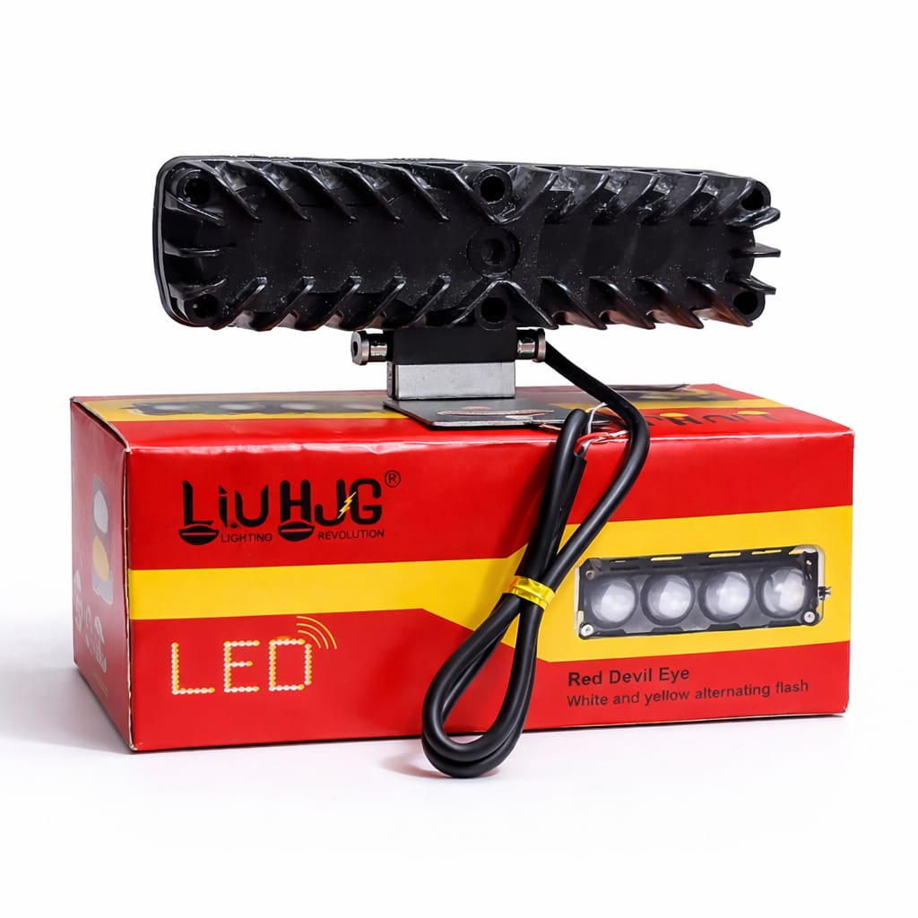 4 Lens Flasher Fog Light 40W – Dual Color White & Yellow LED Strobe Light for Bike & Car (DC 9V–80V)
