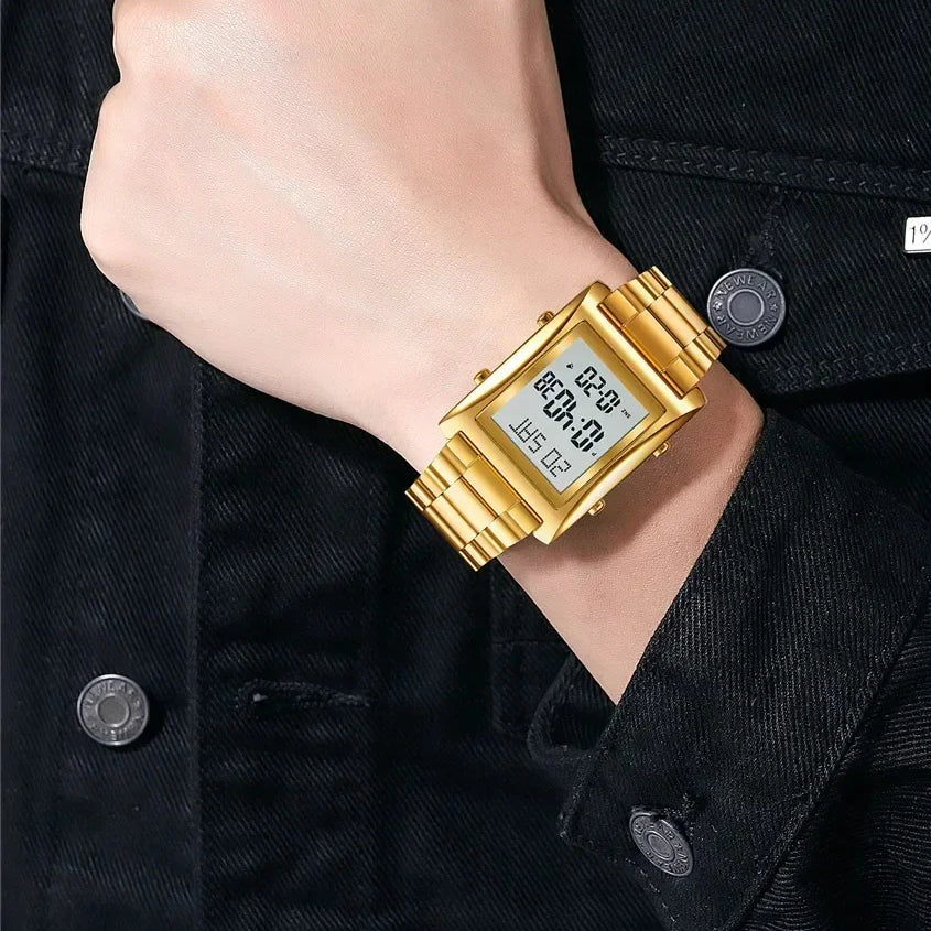 Skmei Men’s Digital Square Watch – Stainless Steel Chain, Quartz Movement, Without box