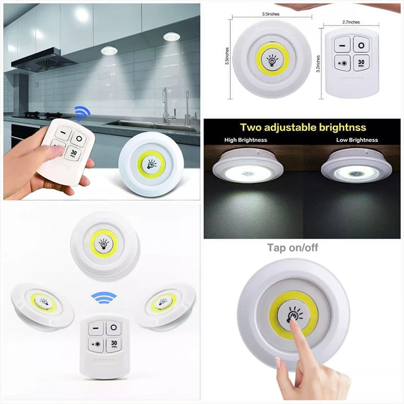 LED Cabinet Light Remote Control Set – 3 Wireless Cell Operated Tap Lights with Dimming & 30 Mins Timer Modes