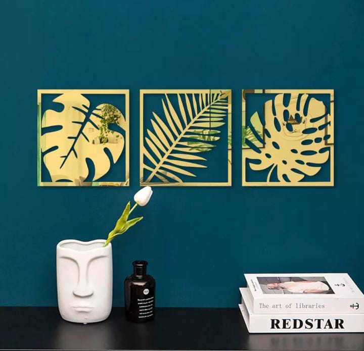 Beautiful Acrylic Mirror Leaf Wall Art Frame Set | 3-Piece Decorative Modern Home Décor