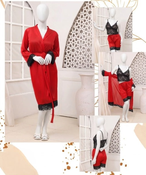 Women's Luxury Silk Nightwear Set with Black Lace – 3 Piece Robe & Slip Dress SKU R-011 Free Size
