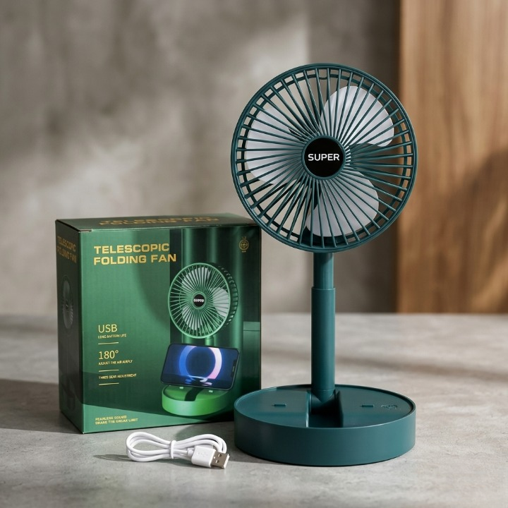 Super Telescopic Folding Fan – Portable USB Rechargeable Desk Fan with 180° Adjustable Air Supply