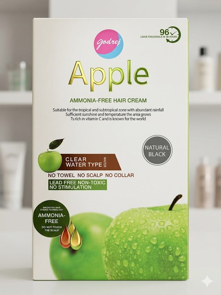 Godrej Apple Ammonia-Free Hair Cream Apple Hair Color Cream Gentle Formula Provides Rich Color Smooth Application Long Lasting (Natural Black)