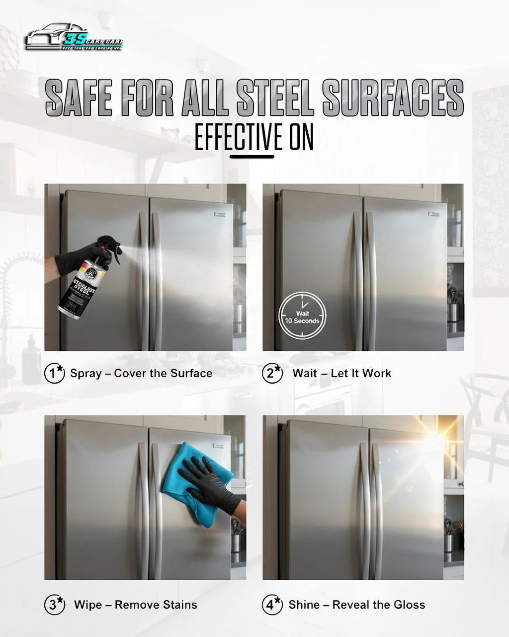 Stainless Steel Cleaner & Polish – Fingerprint Remover & Protective Shine Spray | THREE GUYS - German Engineered (250) ML