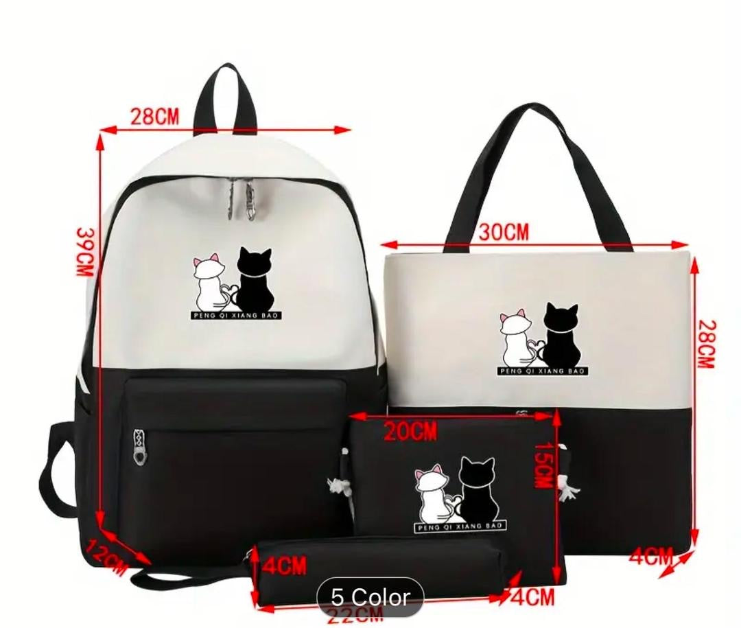 Cute Cat Print 5-in-1 School Bag Set for Girls – Backpack, Handbag, Crossbody Pouch, Pencil Case & Lunch Bag Stylish Combo
