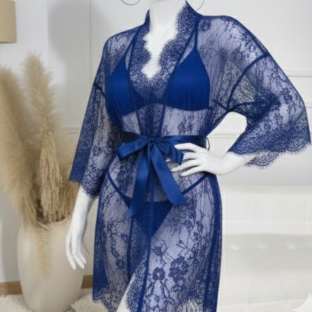 3 Piece Net Gown Set with Bra & Panty | Soft Lace Robe Lingerie | Free Size (fit upto 38 chest)