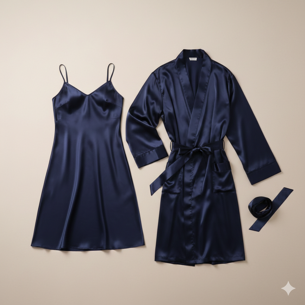 Premium Satin Silk Couple Gown Set (3 Pcs) – Elegant Matching Nightwear for Men & Women | Free Size | SKU: DC-C006