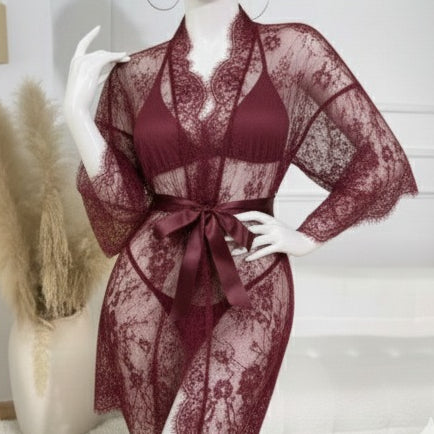 3 Piece Net Gown Set with Bra & Panty | Soft Lace Robe Lingerie | Free Size (fit upto 38 chest)