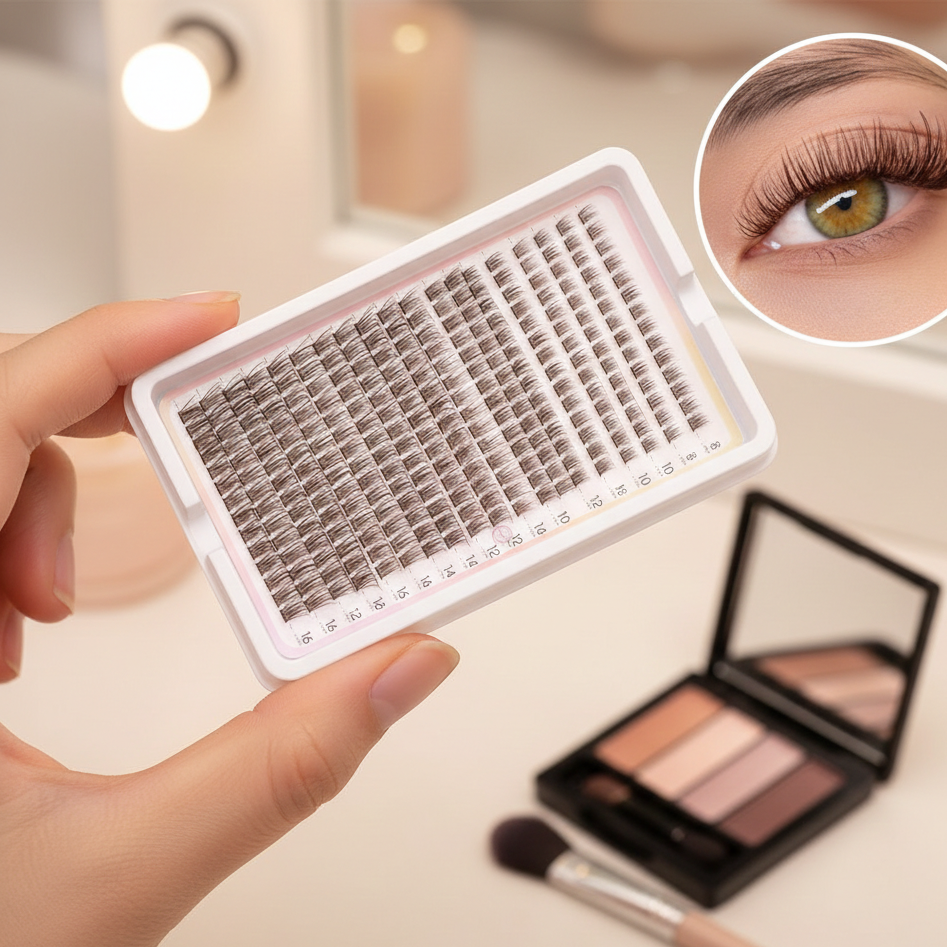 Pre-Glued Wispy Eyelash Clusters – DIY Eyelash Extension Box, Brown Fiber Lashes