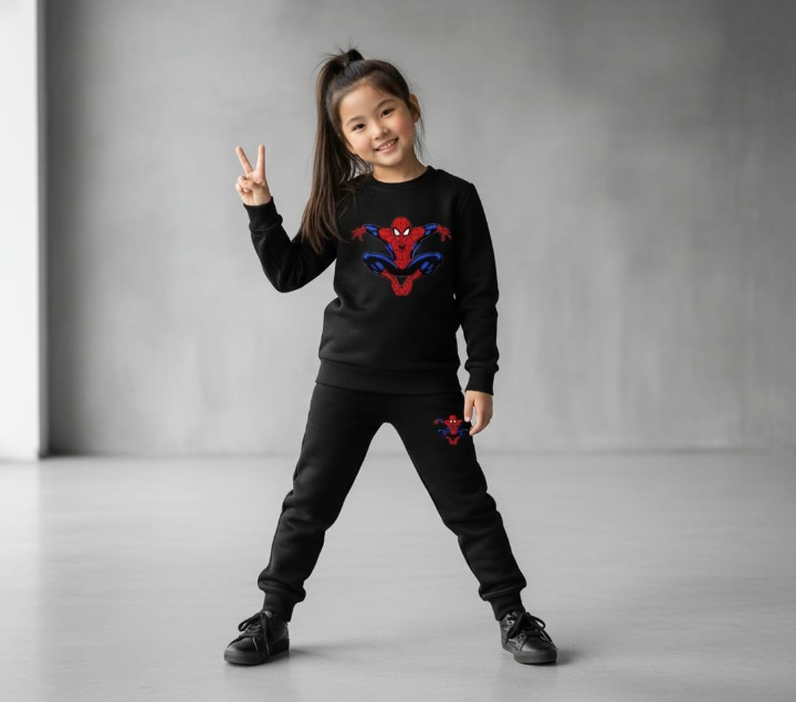 Kids Spider-Man Printed Black & Black Tracksuit Set | Winter Fleece Sweatshirt & Trouser Outfit for Boys & Girls – Warm & Trendy FOR BABY AND KIDS