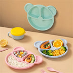 5 Pcs Bear Plate Set - Cartoon compartment dinner plate | Includes Divided Plate, Fork &amp; Spoon, Perfect For Toddlers &amp; Preschoolers (Random color)
