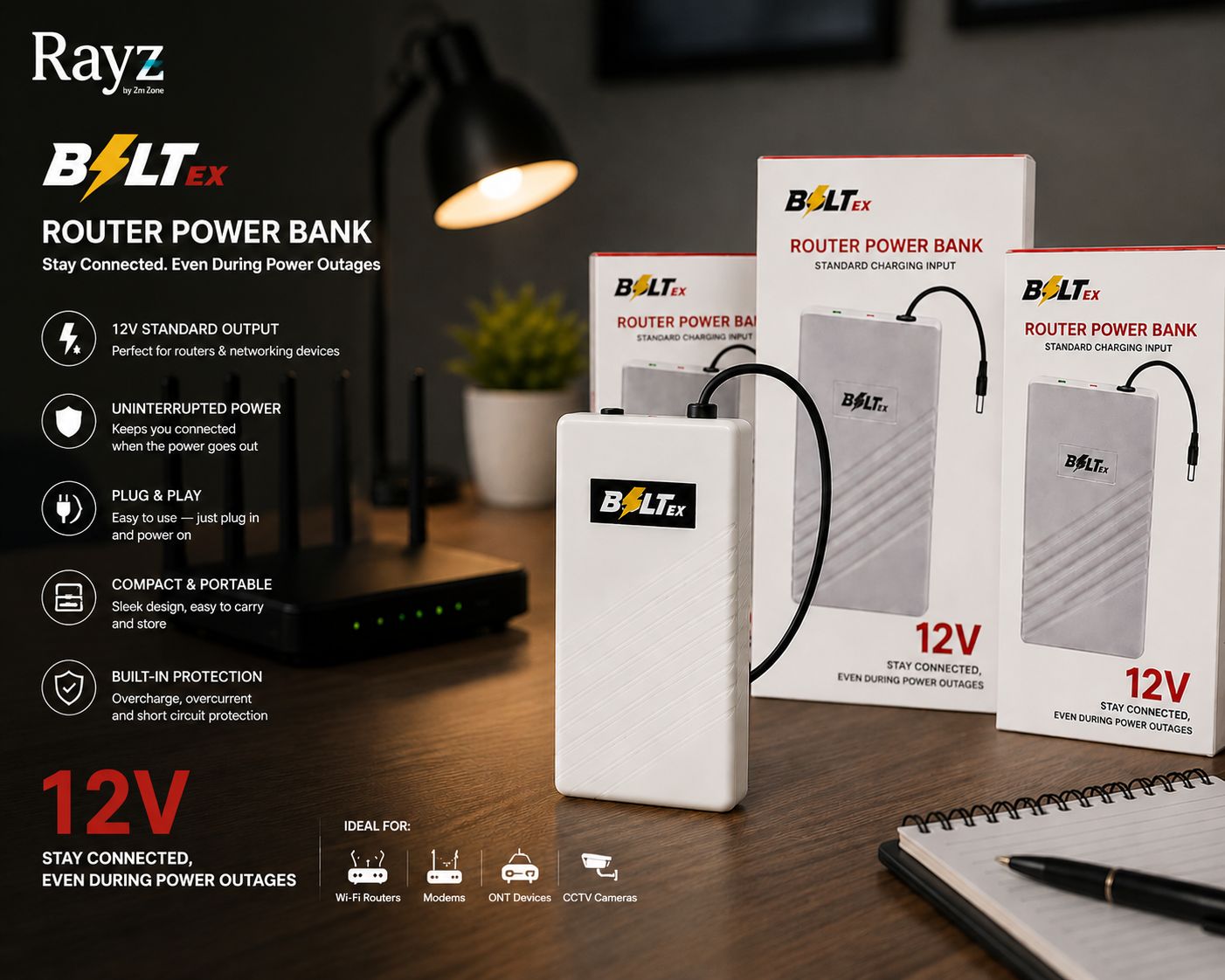 Bolt/ex 12V Router Power Bank – High-Performance UPS for Non-Stop Internet (3-4 Hours Backup) - 20000Mah Battery