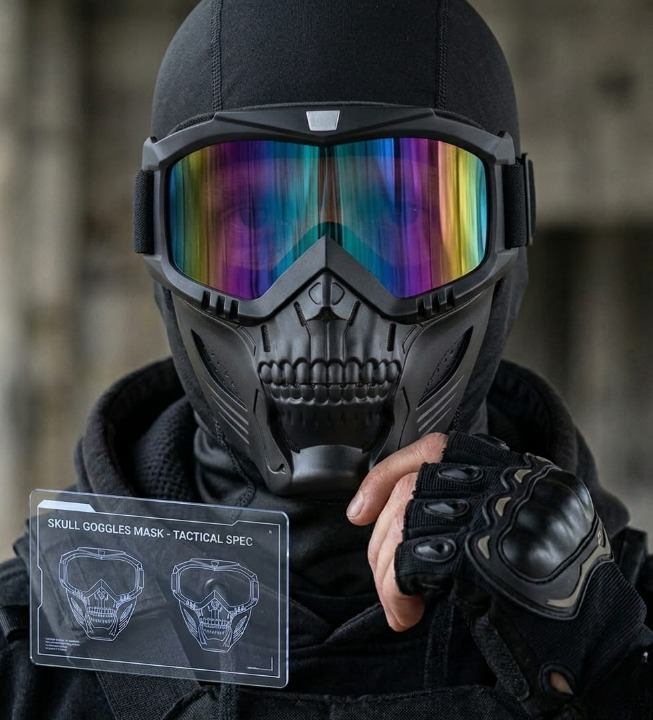 Premium Skull Goggles Mask – Full Face Tactical Protection for Bikers (Multi-Color Iridium Lens)