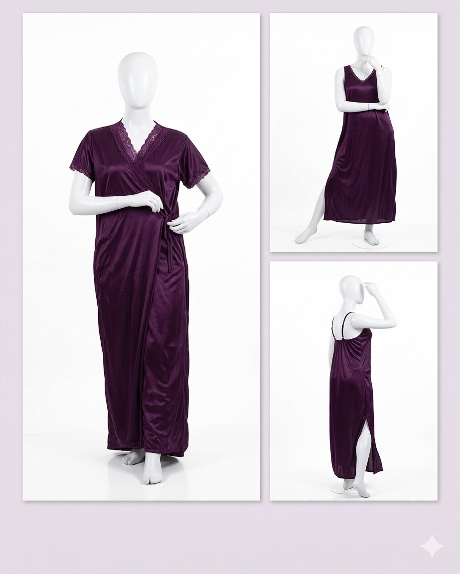 2 Pcs Premium Silk Lace Women's Sleepwear Set Inner & Gown Nightwear (Size Free)