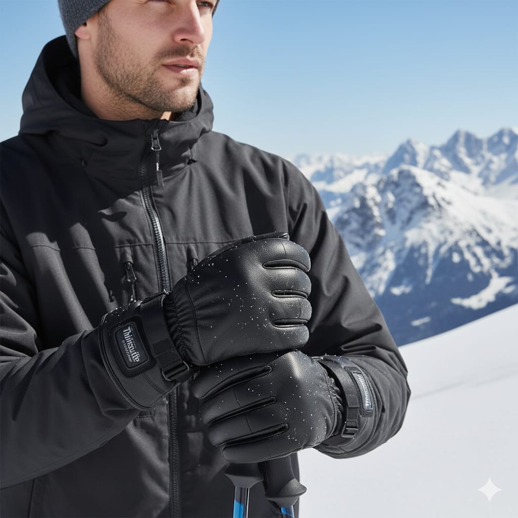 Men’s Genuine Sheep Leather Winter Gloves – Black Motorcycle Riding Gloves with Warm Lining