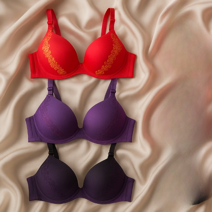 Silk Embroidered Padded Bra for Women – Luxury Undergarment with Soft Silk Fabric, Stylish Embroidery, Comfortable Fit &amp; Everyday Support (Random Color)