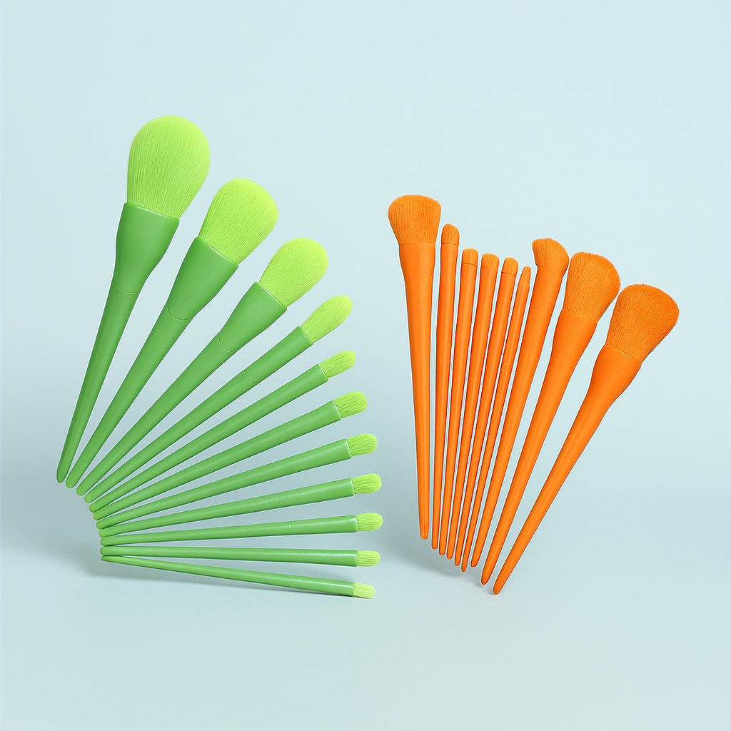 10 Pcs Professional Makeup Brush Set – Face, Eyes &amp; Lips | Concealer, Blush, Eyeshadow, Highlighter | Orange &amp; Green Colors