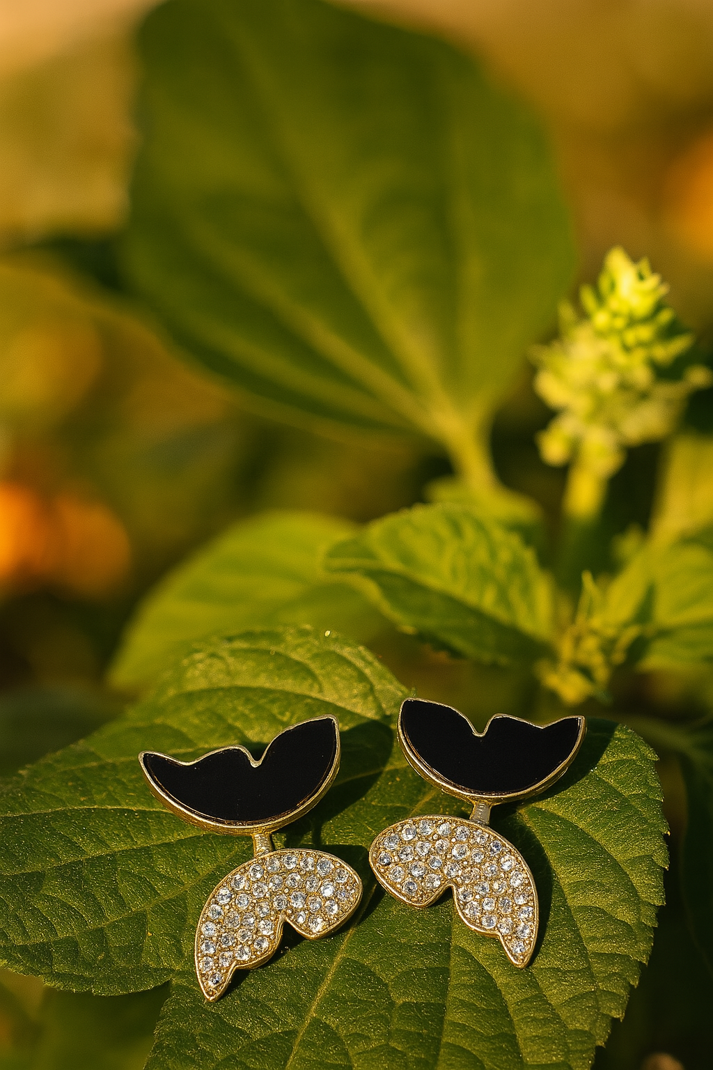 Zircon Butterfly Style Earrings for Women – Elegant Golden &amp; Silver Studs with Black Enamel and Sparkling Stones (AWJ-997)