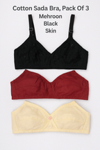 Cotton Sada Bra Pack of 3 – Mehroon, Black &amp; Skin Color | Comfortable 3 Hook Non-Padded Bra for Women