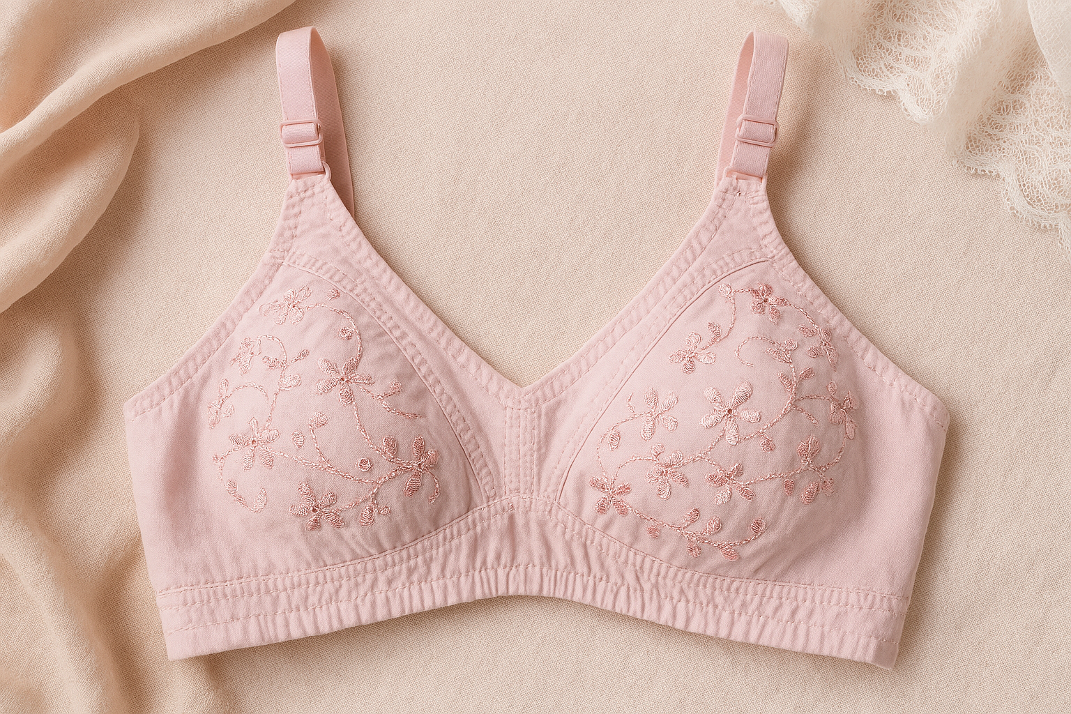 01 PCs Cotton Embroidered Chikan Bra for Women – Soft Breathable Fabric, Floral Design, Adjustable Straps, 2-Hook Closure, Daily Wear