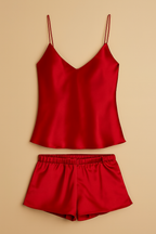 Satin Sleepwear Set featuring a luxe camisole and shorts Silky soft, lightweight, and elegantly tailored for cozy, stylish nights - Free Size
