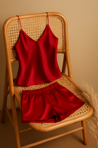 Satin Sleepwear Set featuring a luxe camisole and shorts Silky soft, lightweight, and elegantly tailored for cozy, stylish nights - Free Size