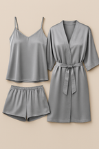 3-Piece Satin Sleepwear Set for Women – Camisole, Shorts & Robe | Elegant Nightwear & Loungewear – Free Size (DC-3003)