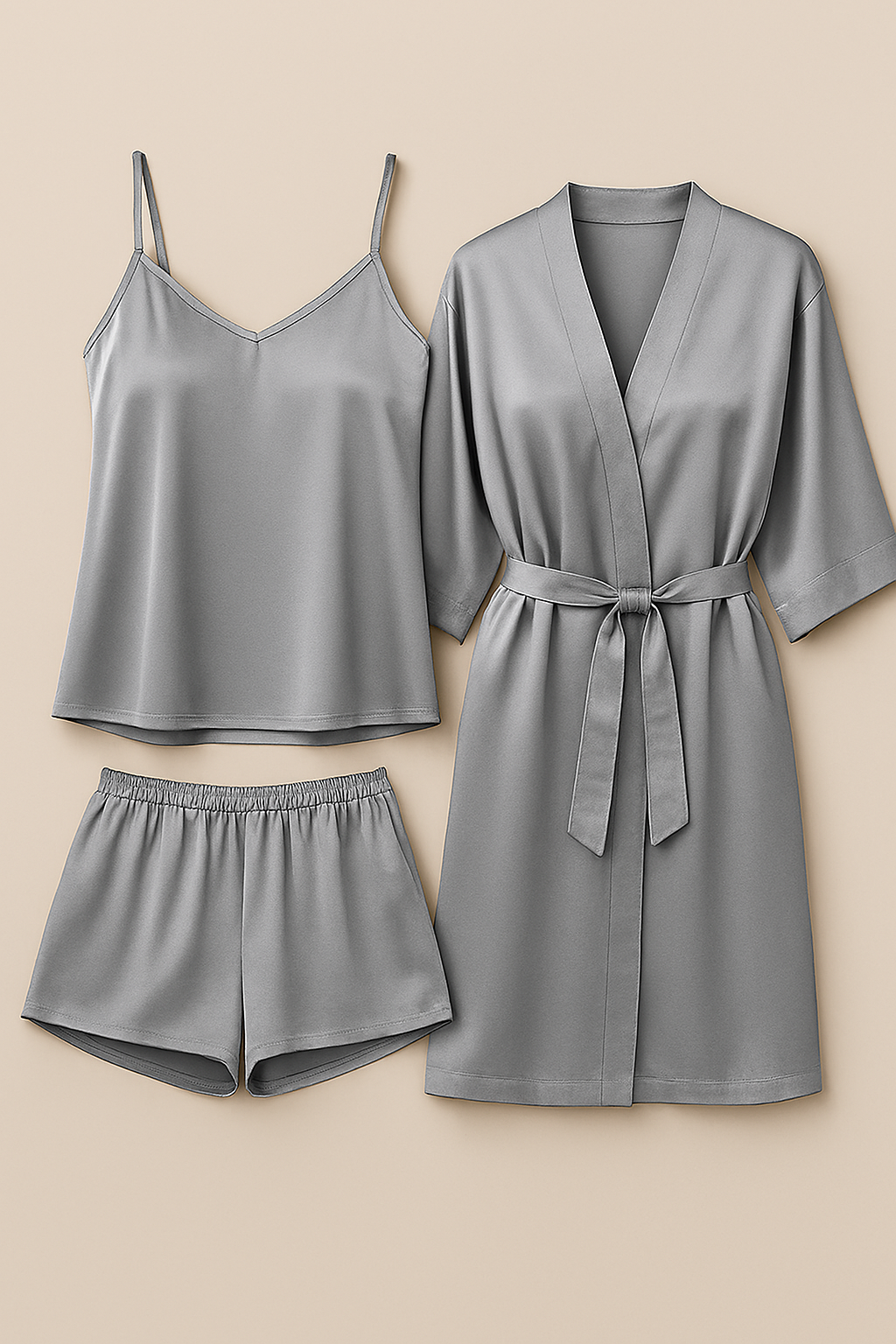 3-Piece Satin Sleepwear Set for Women – Camisole, Shorts & Robe | Elegant Nightwear & Loungewear – Free Size (DC-3003)