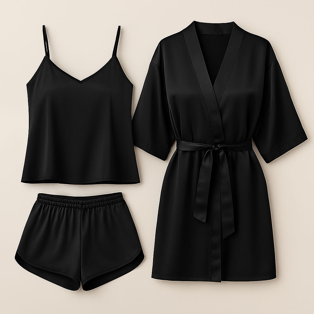 3-Piece Satin Sleepwear Set for Women – Camisole, Shorts & Robe | Elegant Nightwear & Loungewear – Free Size (DC-3003)