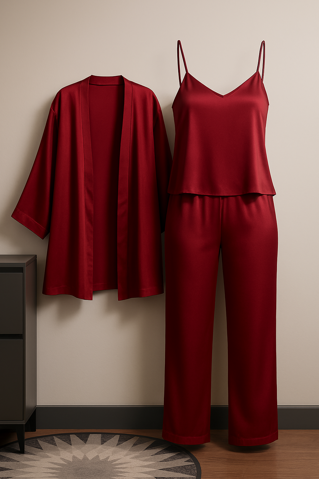 3-Piece Premium Satin Sleepwear Set for Women – Camisole, Pants & Robe | Nightwear & Loungewear | Free Size (DC-3002)