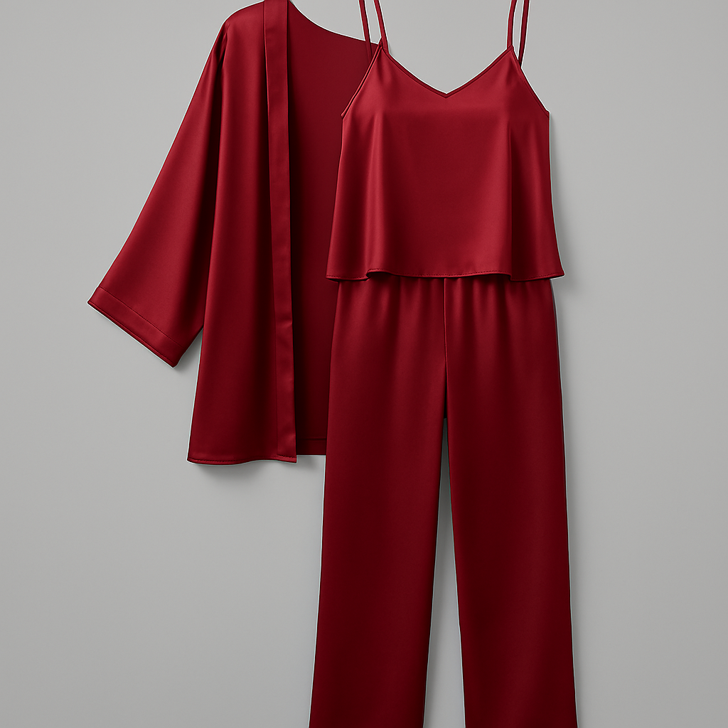3-Piece Premium Satin Sleepwear Set for Women – Camisole, Pants &amp; Robe | Nightwear &amp; Loungewear | Free Size (DC-3002)