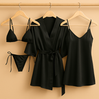 4 PCs-Style Satin Lingerie Set – Bikini, Slip Dress & Robe Combo – Free Size (DC-4001)