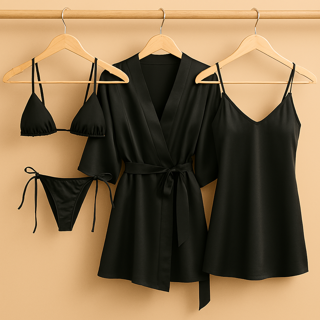 4 PCs-Style Satin Lingerie Set – Bikini, Slip Dress & Robe Combo – Free Size (DC-4001)