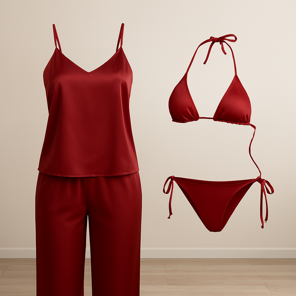 Satin Silk Camisole & Pajama with Bikini Set – Dual Style Nightwear for Women (DC-4003)