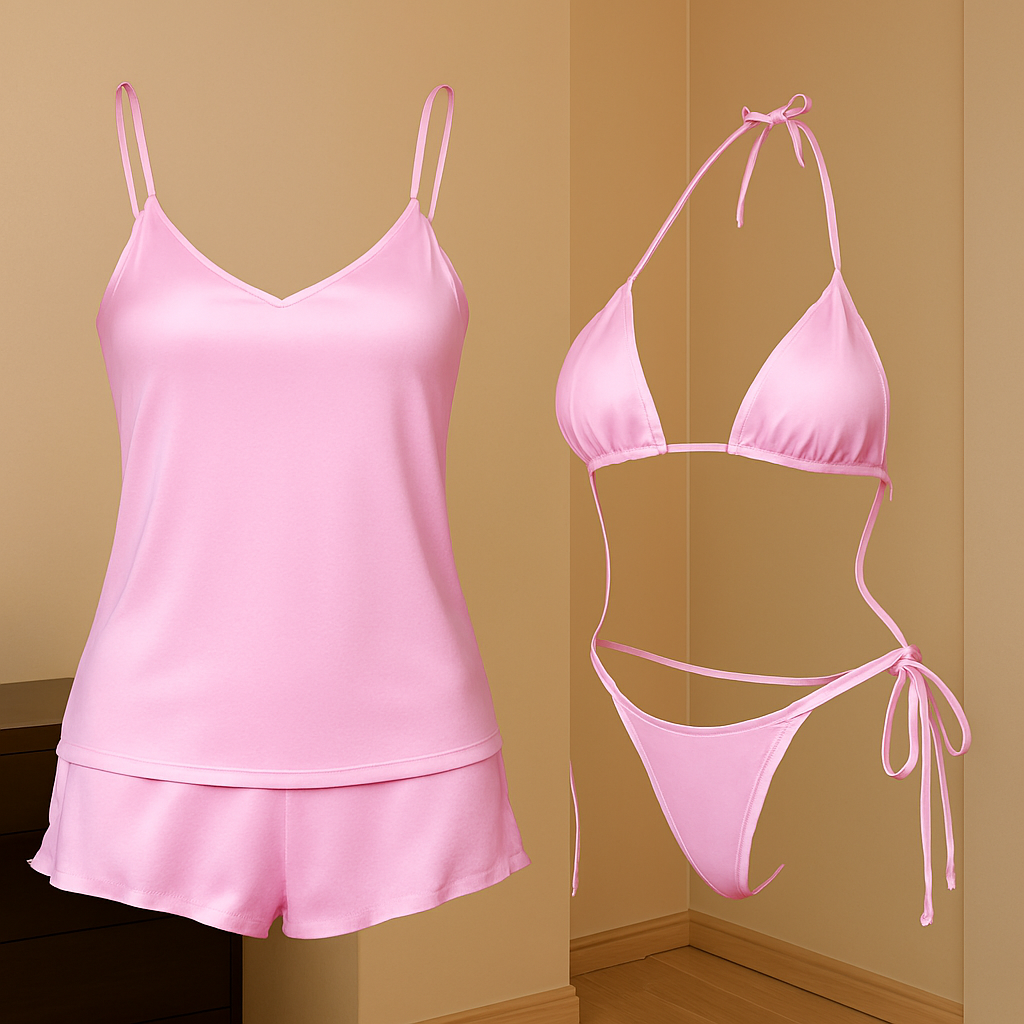 Premium Satin Sleepwear & Lingerie Combo for Women | Camisole, Shorts & Halter Bikini | Free Size | (DC-4002)